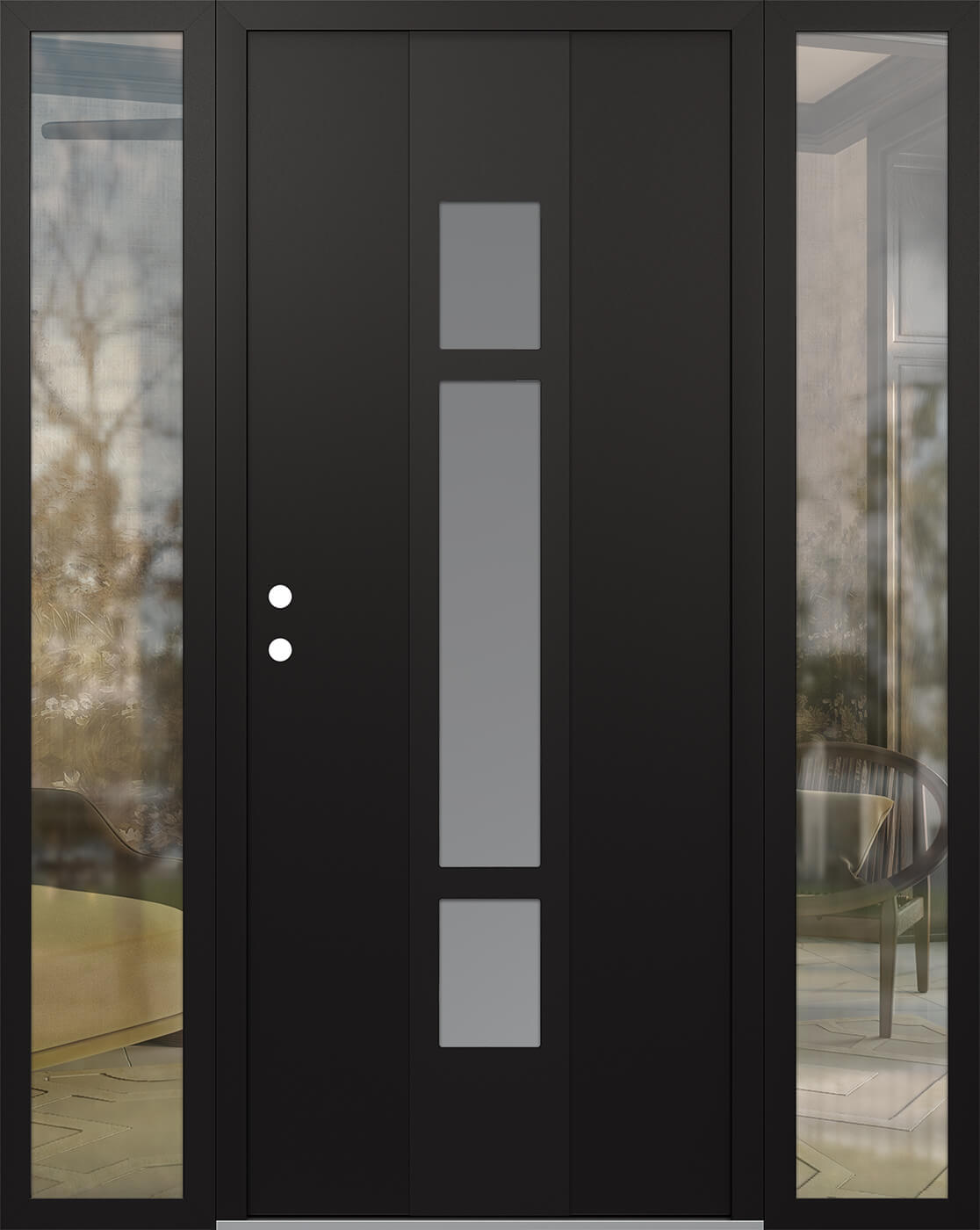 Modern Steel Front Door DIAMOND A9 64" X 80" BLACK/WHITE FROSTED GLASS PANEL BLACK RHI WITH 2 SIDELITES CLEAR GLASS