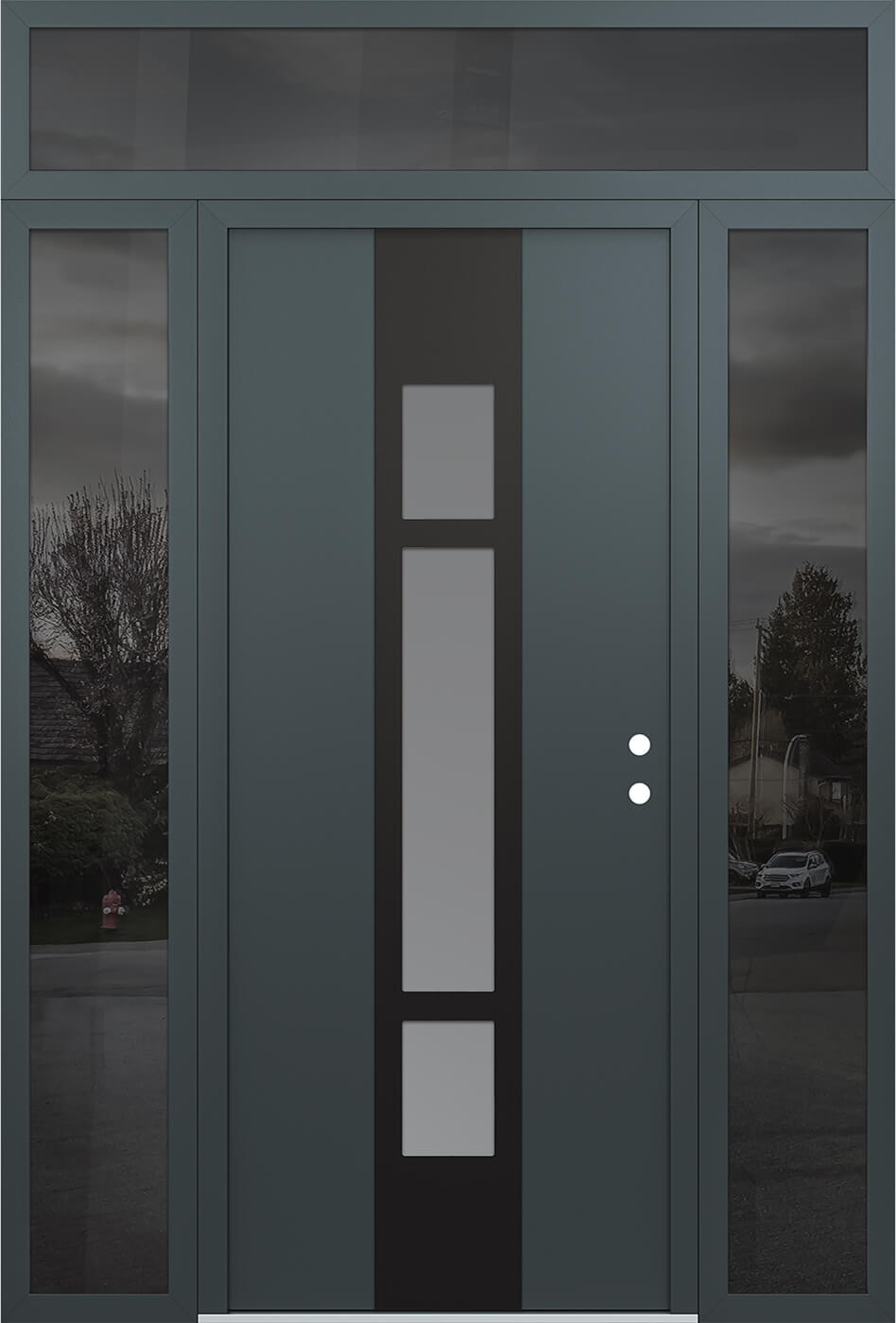 Modern Steel Front Door DIAMOND A9 64" X 96" ANTHRACITE/ANTHRACITE FROSTED GLASS PANEL BLACK LHI WITH 2 SIDELITES AND TRANSOM MIRRORED GLASS