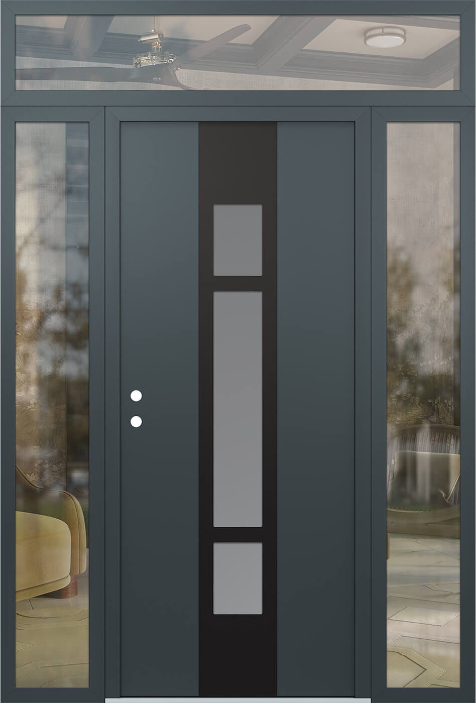 Modern Steel Front Door DIAMOND A9 64" X 96" ANTHRACITE/ANTHRACITE FROSTED GLASS PANEL BLACK RHI WITH 2 SIDELITES AND TRANSOM CLEAR GLASS