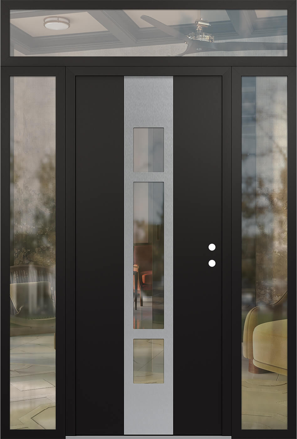 Modern Steel Front Door DIAMOND A9 64" X 96" BLACK/BLACK CLEAR GLASS PANEL STAINLESS STEEL LHI WITH 2 SIDELITES AND TRANSOM CLEAR GLASS
