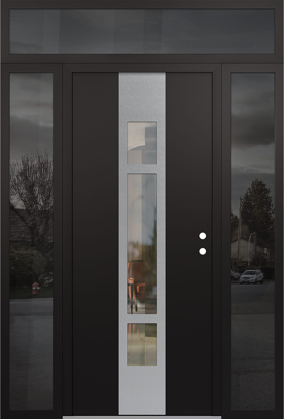Modern Steel Front Door DIAMOND A9 64" X 96" BLACK/BLACK CLEAR GLASS PANEL STAINLESS STEEL LHI WITH 2 SIDELITES AND TRANSOM MIRRORED GLASS