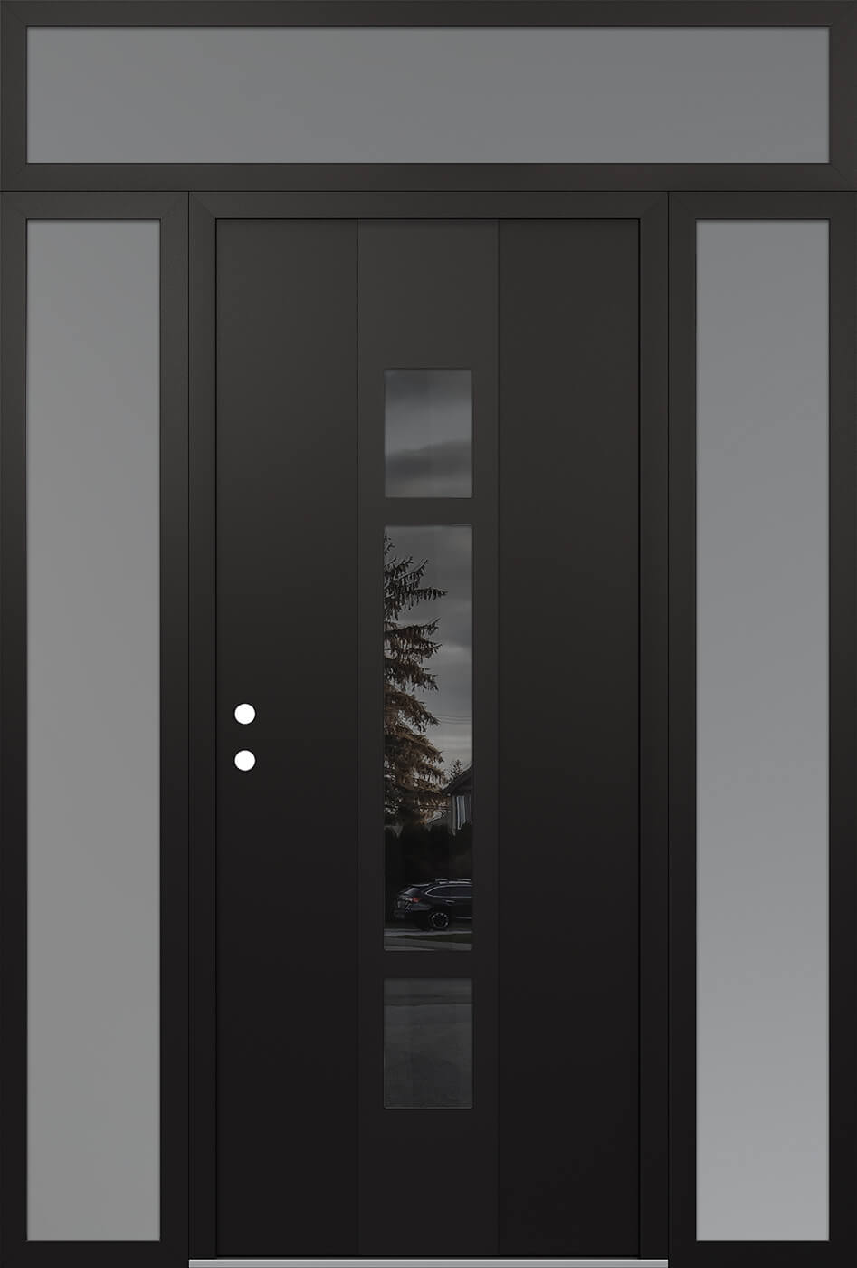 Modern Steel Front Door DIAMOND A9 64" X 96" BLACK/BLACK MIRRORED GLASS PANEL BLACK RHI WITH 2 SIDELITES AND TRANSOM FROSTED GLASS