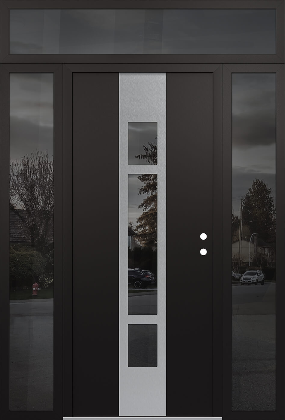 Modern Steel Front Door DIAMOND A9 64" X 96" BLACK/BLACK MIRRORED GLASS PANEL STAINLESS STEEL LHI WITH 2 SIDELITES AND TRANSOM MIRRORED GLASS