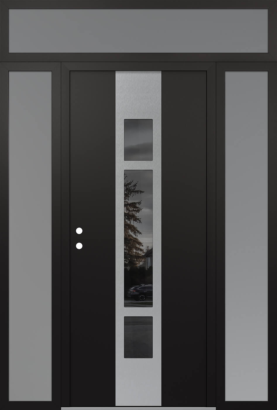 Modern Steel Front Door DIAMOND A9 64" X 96" BLACK/BLACK MIRRORED GLASS PANEL STAINLESS STEEL RHI WITH 2 SIDELITES AND TRANSOM FROSTED GLASS
