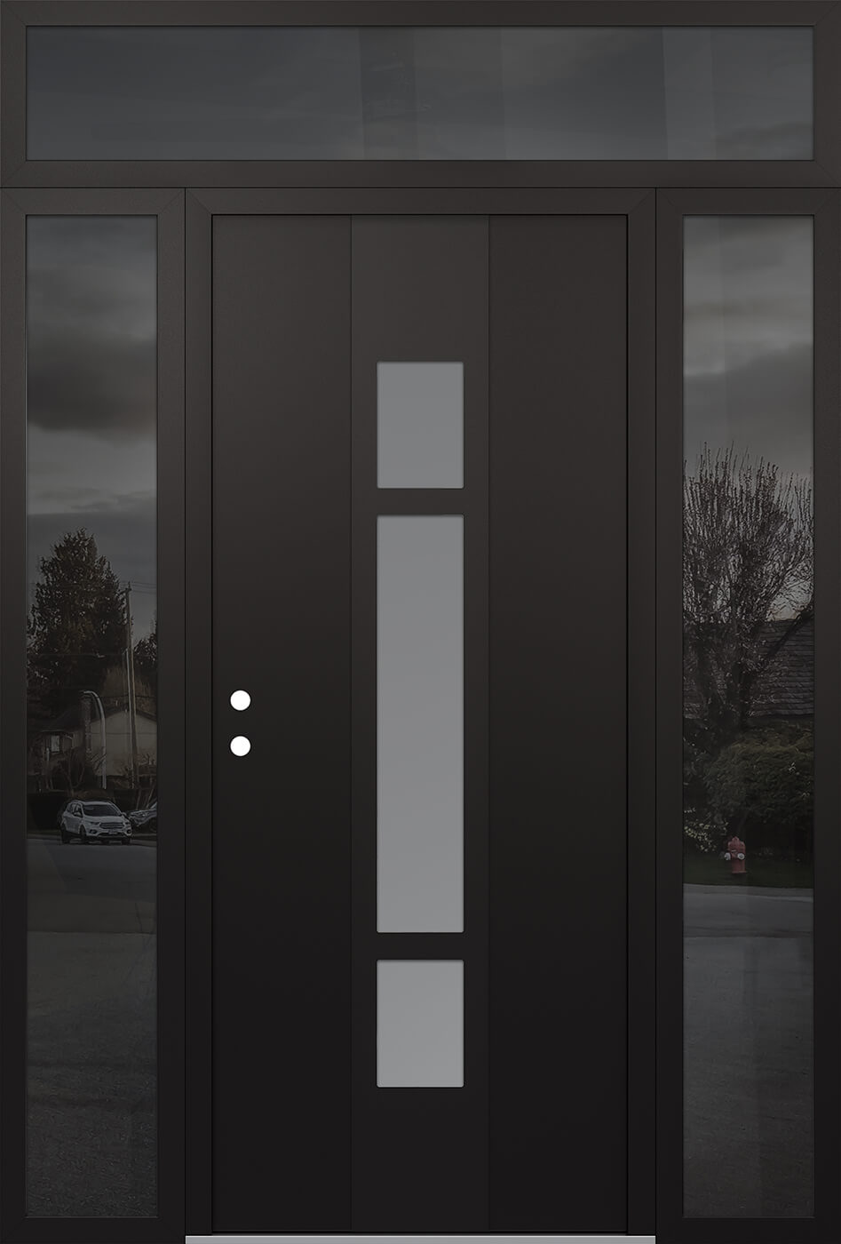 Modern Steel Front Door DIAMOND A9 64" X 96" BLACK/WHITE FROSTED GLASS PANEL BLACK RHI WITH 2 SIDELITES AND TRANSOM MIRRORED GLASS