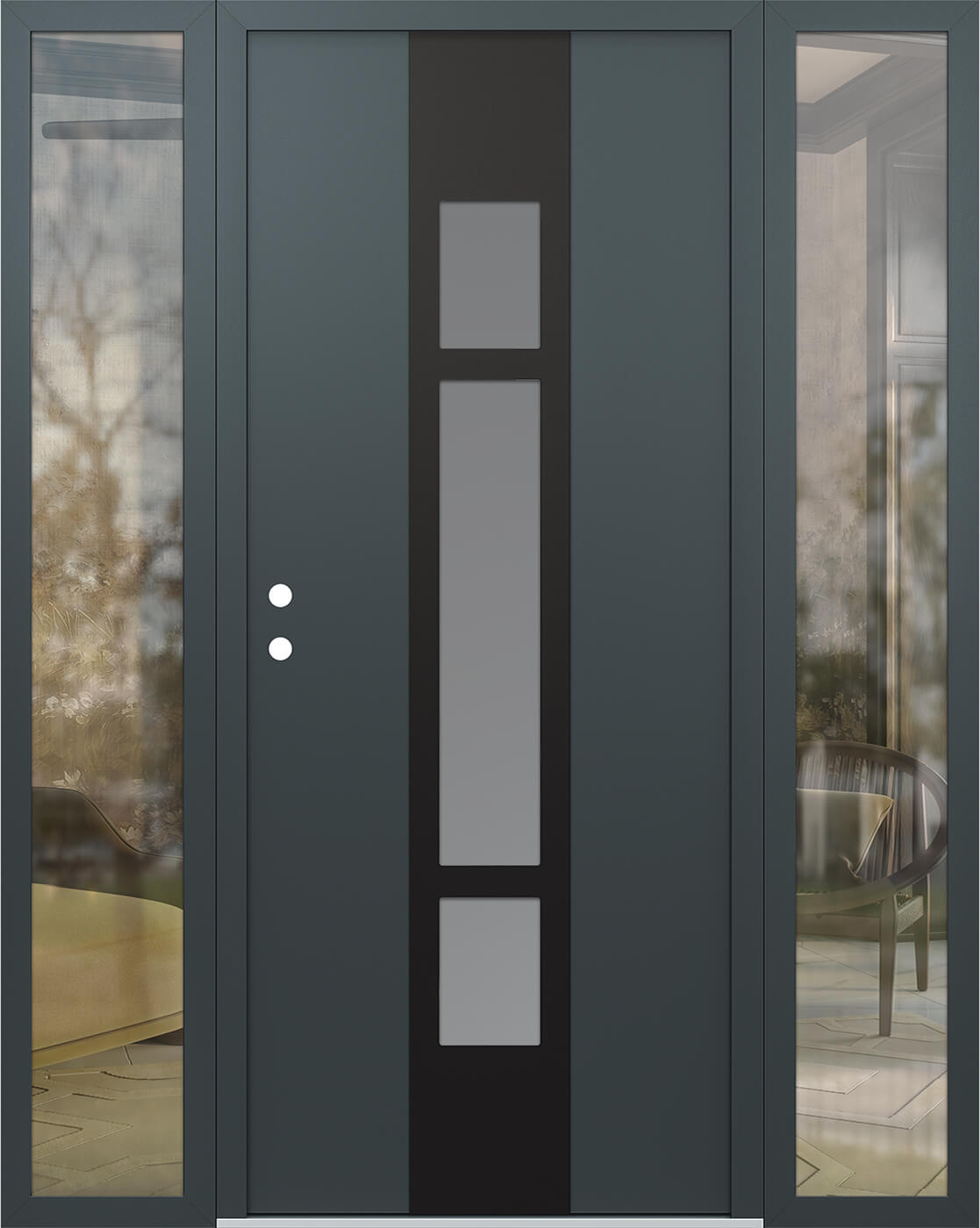 Modern Steel Front Door DIAMOND A9 68" X 80" ANTHRACITE/ANTHRACITE FROSTED GLASS PANEL BLACK RHI WITH 2 SIDELITES CLEAR GLASS