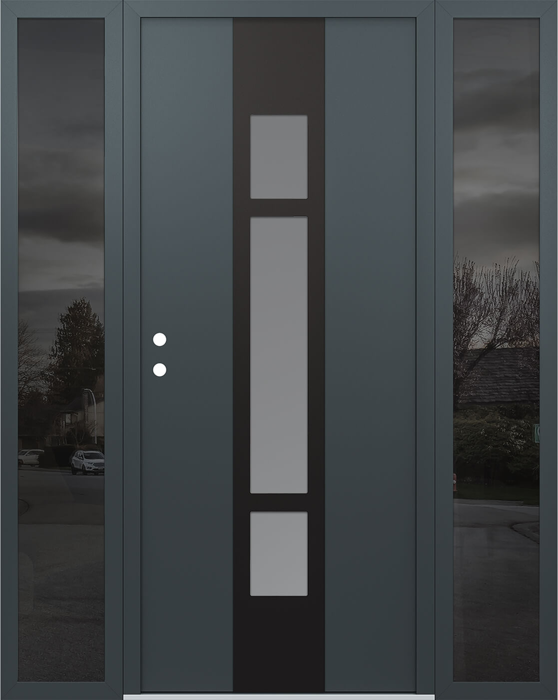Modern Steel Front Door DIAMOND A9 68" X 80" ANTHRACITE/ANTHRACITE FROSTED GLASS PANEL BLACK RHI WITH 2 SIDELITES MIRRORED GLASS