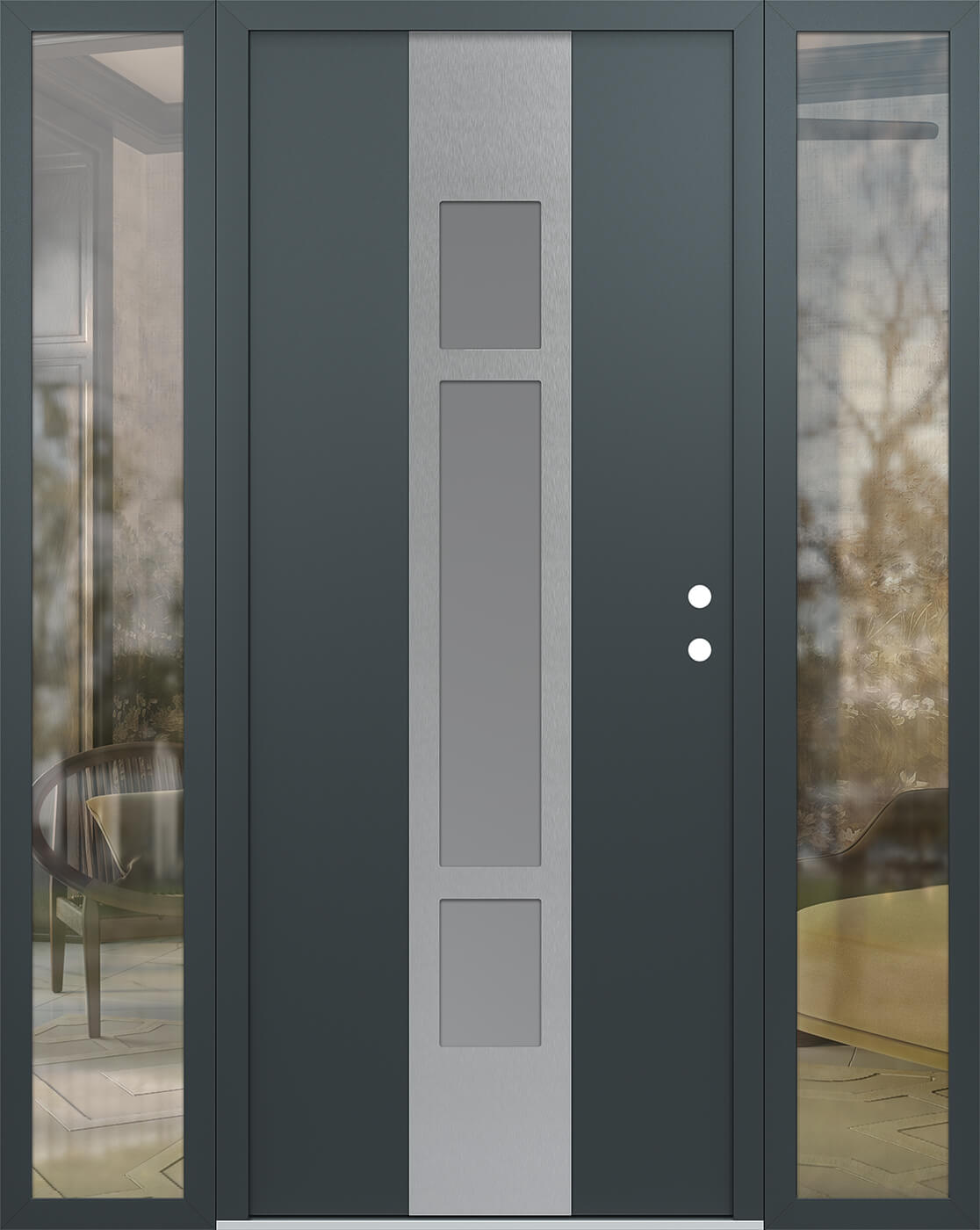Modern Steel Front Door DIAMOND A9 68" X 80" ANTHRACITE/ANTHRACITE FROSTED GLASS PANEL STAINLESS STEEL LHI WITH 2 SIDELITES CLEAR GLASS