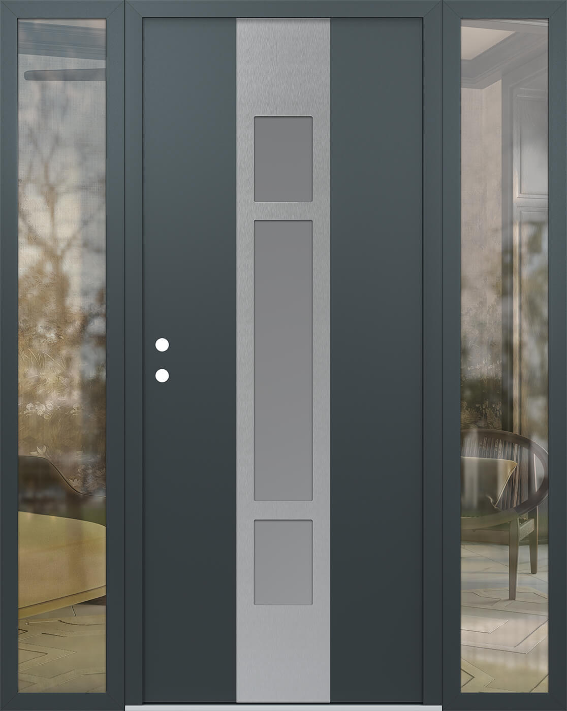 Modern Steel Front Door DIAMOND A9 68" X 80" ANTHRACITE/ANTHRACITE FROSTED GLASS PANEL STAINLESS STEEL RHI WITH 2 SIDELITES CLEAR GLASS