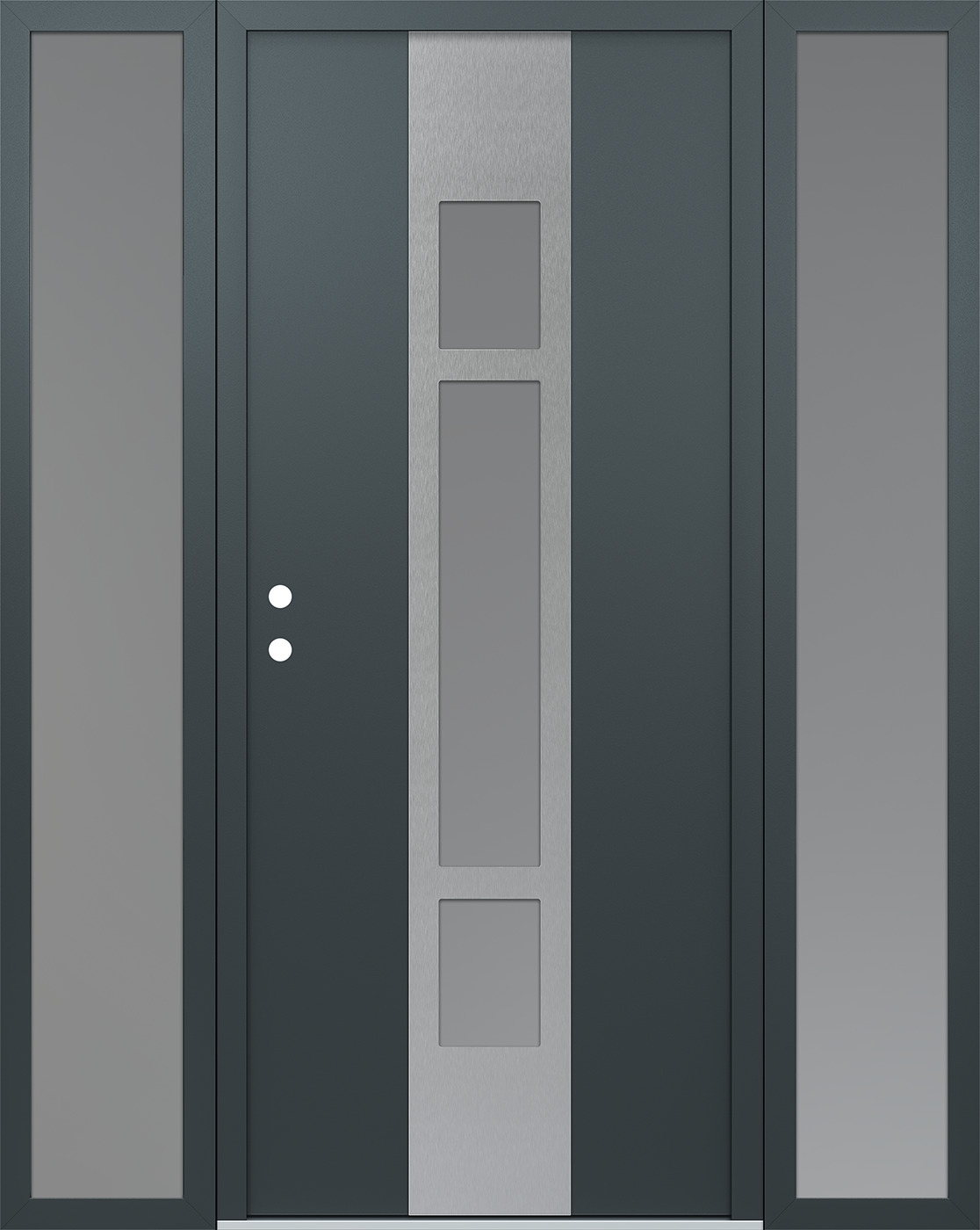 Modern Steel Front Door DIAMOND A9 68" X 80" ANTHRACITE/ANTHRACITE FROSTED GLASS PANEL STAINLESS STEEL RHI WITH 2 SIDELITES FROSTED GLASS