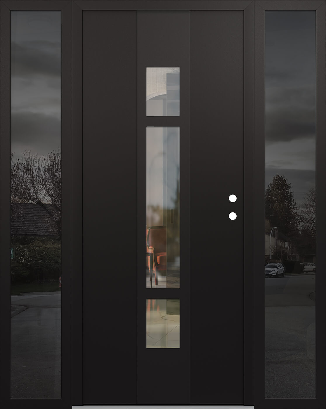 Modern Steel Front Door DIAMOND A9 68" X 80" BLACK/BLACK CLEAR GLASS PANEL BLACK LHI WITH 2 SIDELITES MIRRORED GLASS