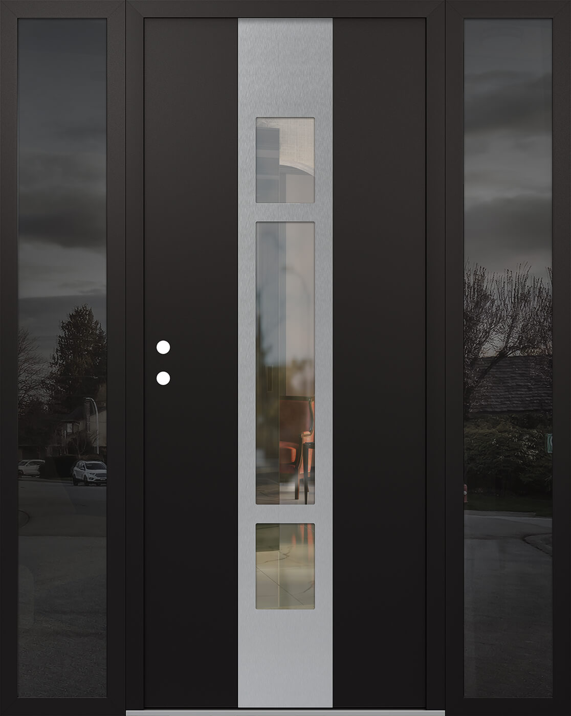 Modern Steel Front Door DIAMOND A9 68" X 80" BLACK/BLACK CLEAR GLASS PANEL STAINLESS STEEL RHI WITH 2 SIDELITES MIRRORED GLASS