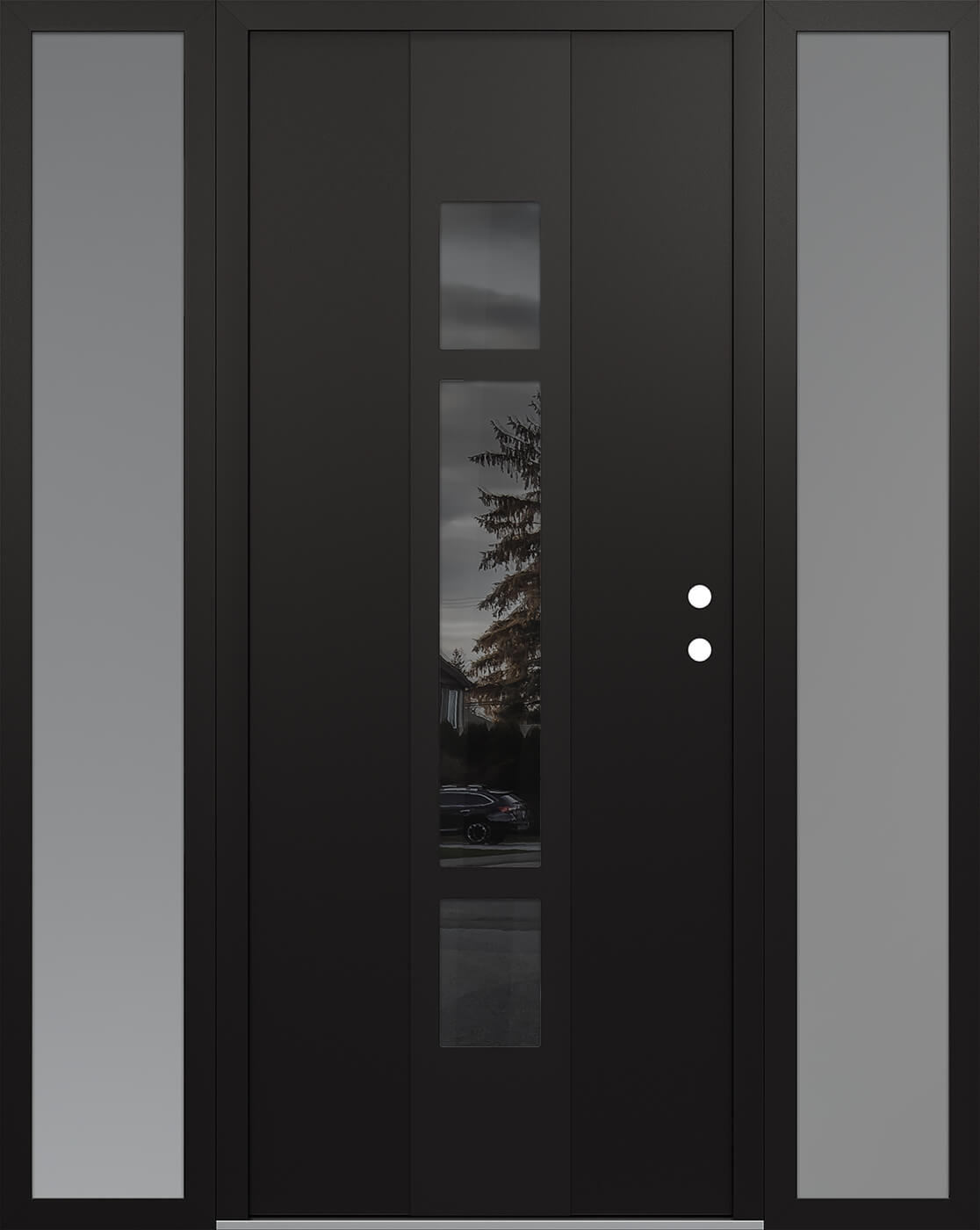 Modern Steel Front Door DIAMOND A9 68" X 80" BLACK/BLACK MIRRORED GLASS PANEL BLACK LHI WITH 2 SIDELITES FROSTED GLASS
