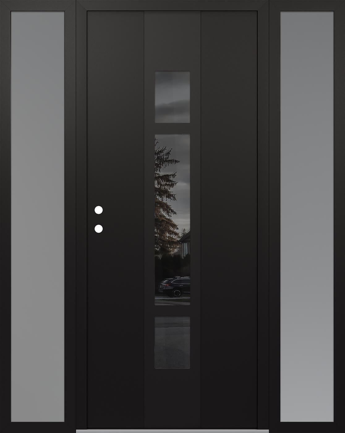 Modern Steel Front Door DIAMOND A9 68" X 80" BLACK/BLACK MIRRORED GLASS PANEL BLACK RHI WITH 2 SIDELITES FROSTED GLASS