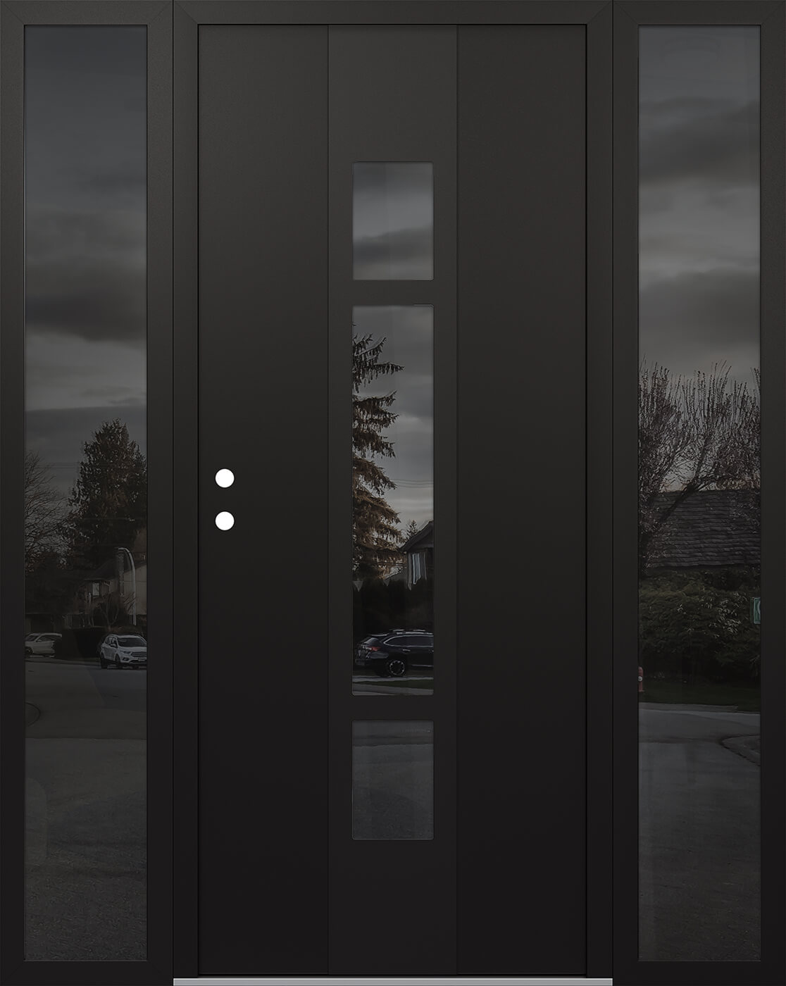 Modern Steel Front Door DIAMOND A9 68" X 80" BLACK/BLACK MIRRORED GLASS PANEL BLACK RHI WITH 2 SIDELITES MIRRORED GLASS