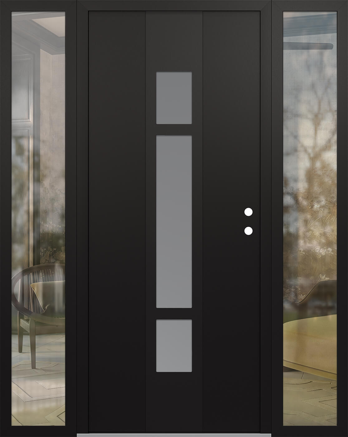Modern Steel Front Door DIAMOND A9 68" X 80" BLACK/WHITE FROSTED GLASS PANEL BLACK LHI WITH 2 SIDELITES CLEAR GLASS