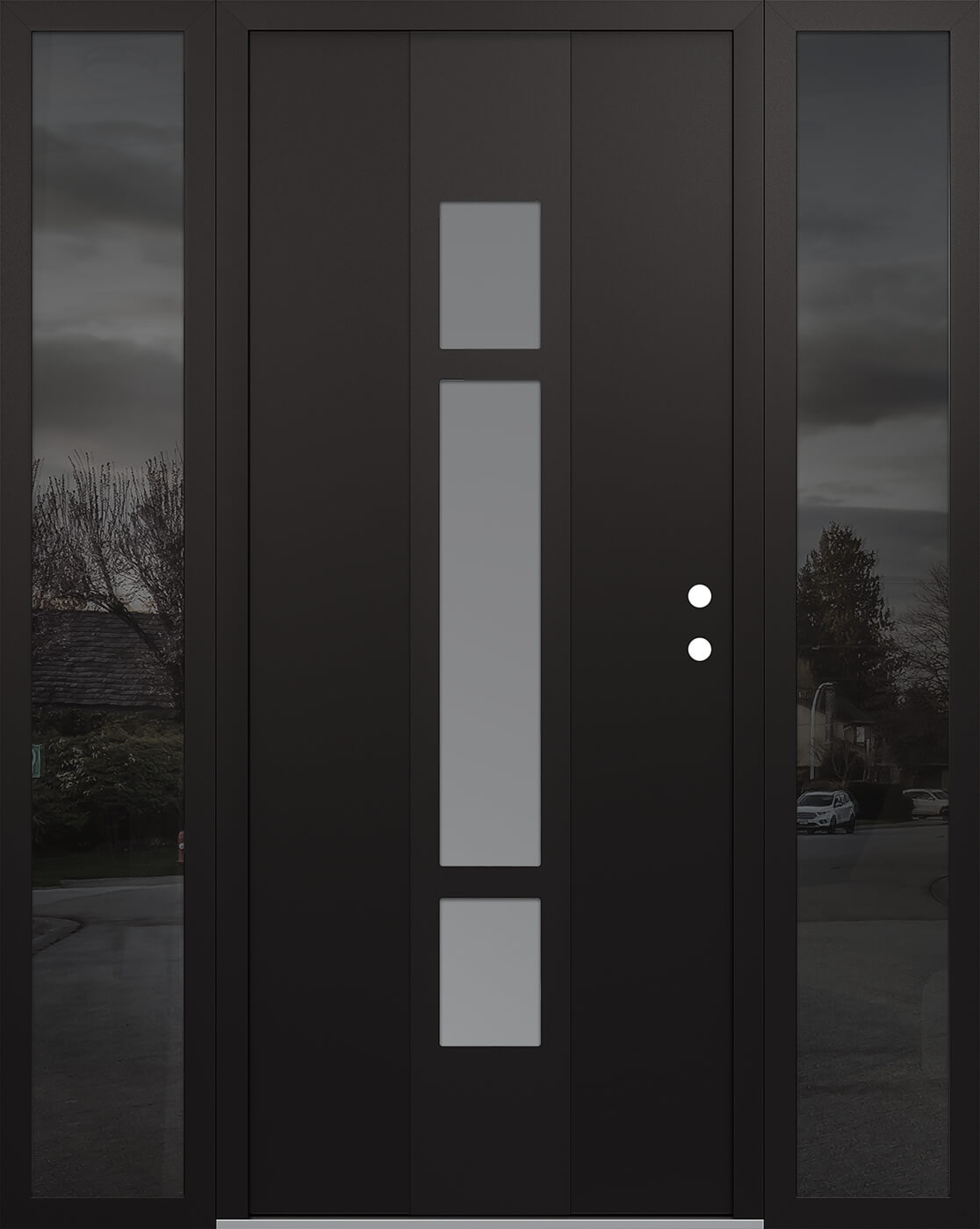 Modern Steel Front Door DIAMOND A9 68" X 80" BLACK/WHITE FROSTED GLASS PANEL BLACK LHI WITH 2 SIDELITES MIRRORED GLASS