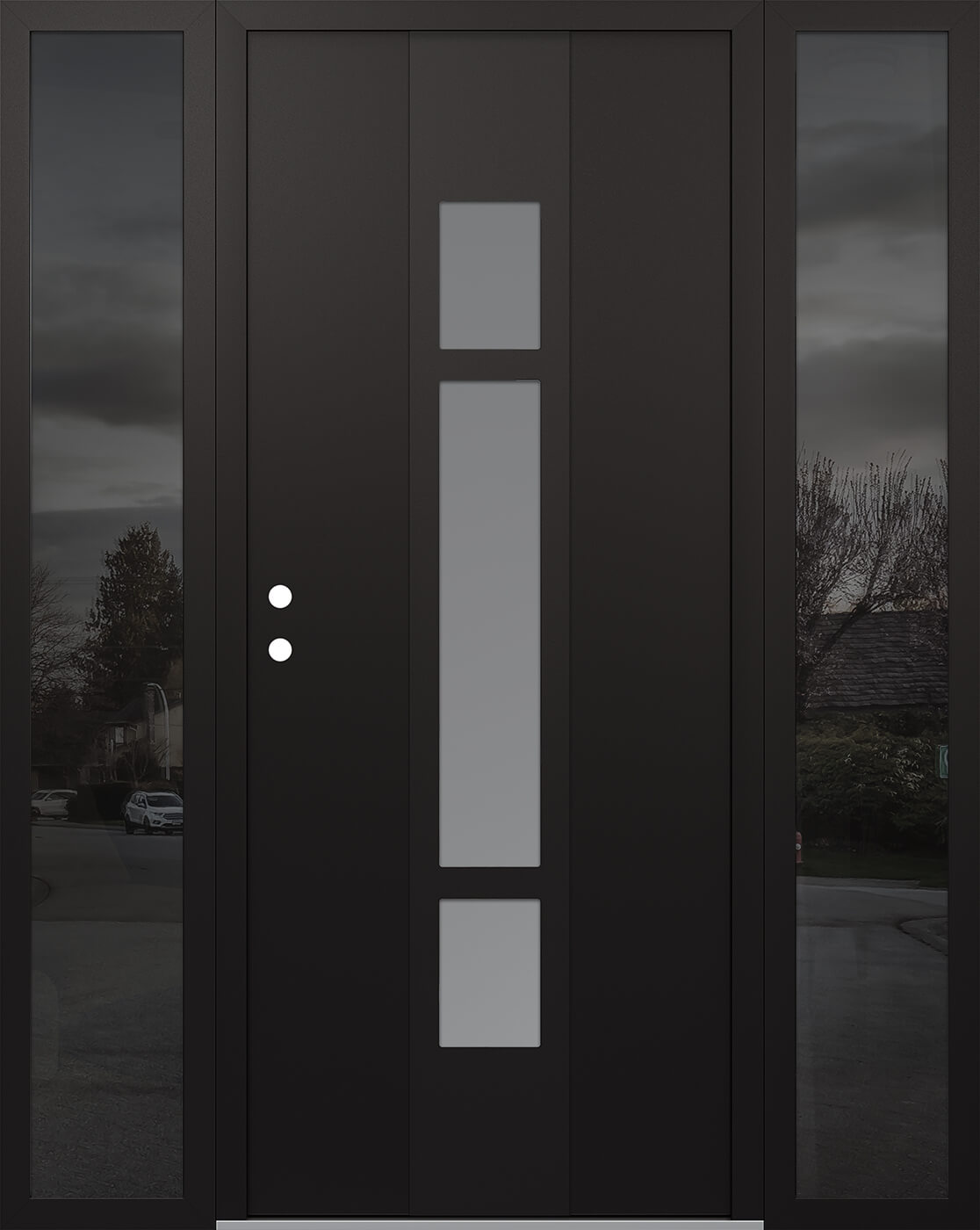 Modern Steel Front Door DIAMOND A9 68" X 80" BLACK/WHITE FROSTED GLASS PANEL BLACK RHI WITH 2 SIDELITES MIRRORED GLASS
