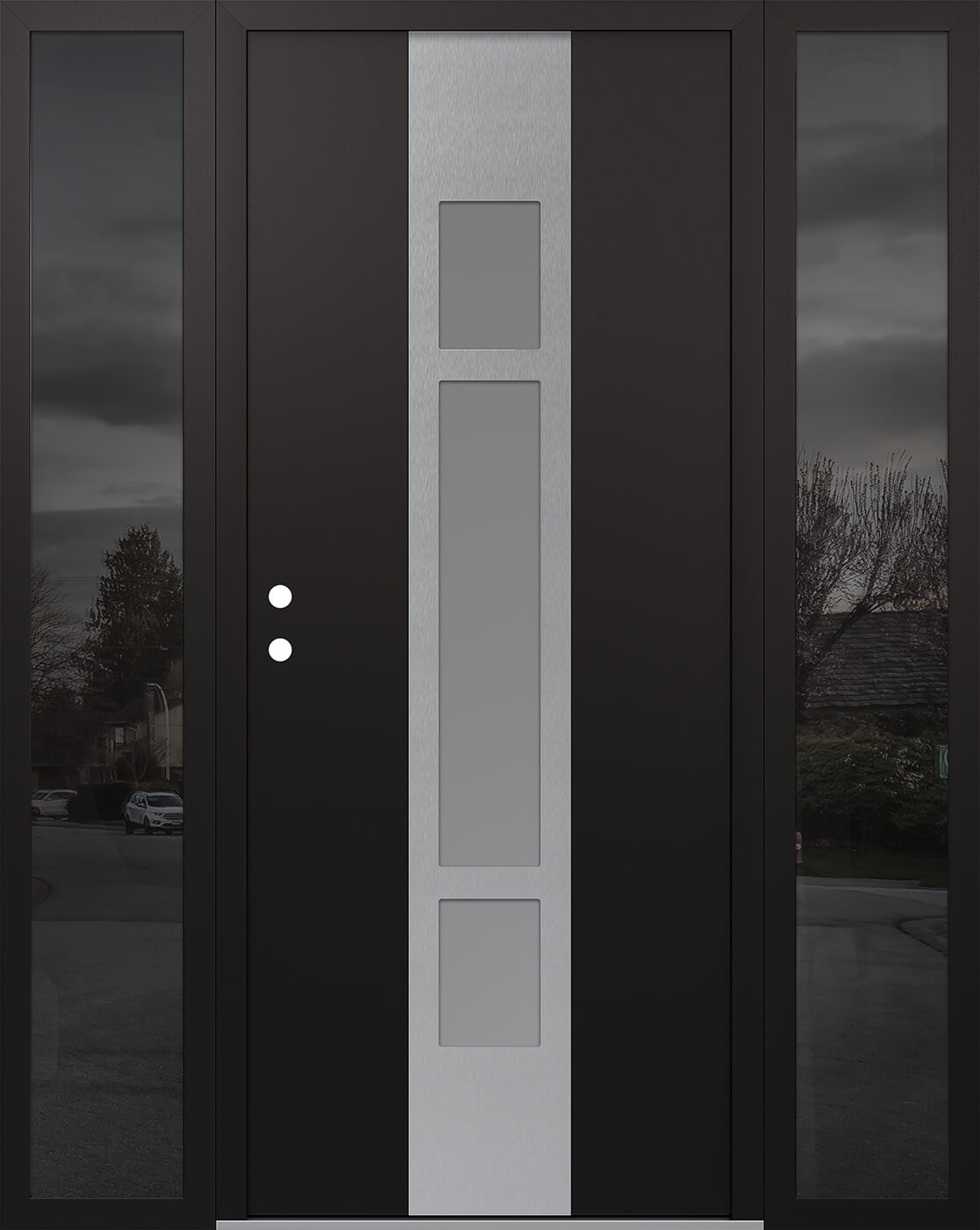 Modern Steel Front Door DIAMOND A9 68" X 80" BLACK/WHITE FROSTED GLASS PANEL STAINLESS STEEL RHI WITH 2 SIDELITES MIRRORED GLASS