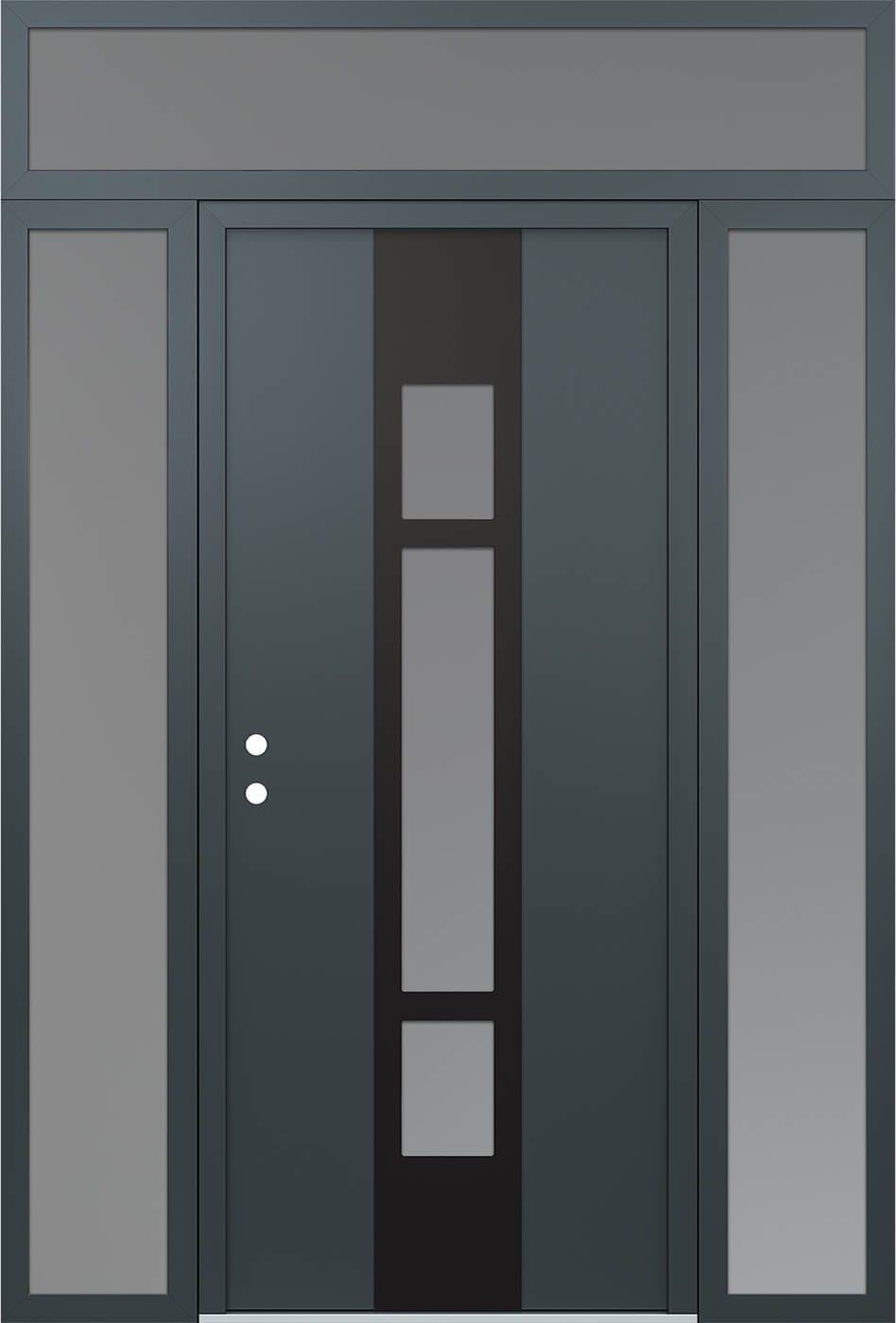 Modern Steel Front Door DIAMOND A9 68" X 96" ANTHRACITE/ANTHRACITE FROSTED GLASS PANEL BLACK RHI WITH 2 SIDELITES AND TRANSOM FROSTED GLASS