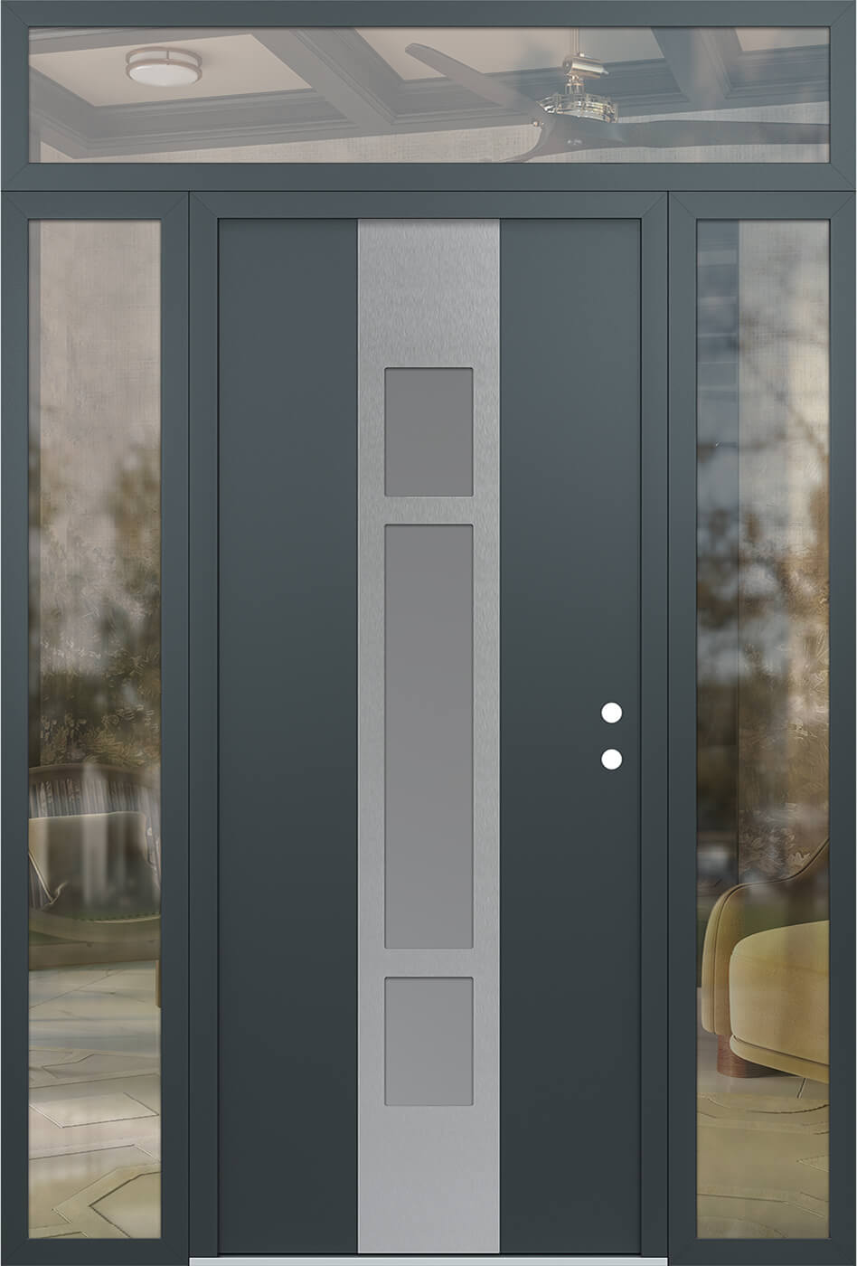 Modern Steel Front Door DIAMOND A9 68" X 96" ANTHRACITE/ANTHRACITE FROSTED GLASS PANEL STAINLESS STEEL LHI WITH 2 SIDELITES AND TRANSOM CLEAR GLASS