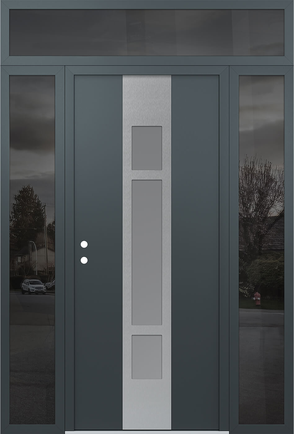 Modern Steel Front Door DIAMOND A9 68" X 96" ANTHRACITE/ANTHRACITE FROSTED GLASS PANEL STAINLESS STEEL RHI WITH 2 SIDELITES AND TRANSOM MIRRORED GLASS