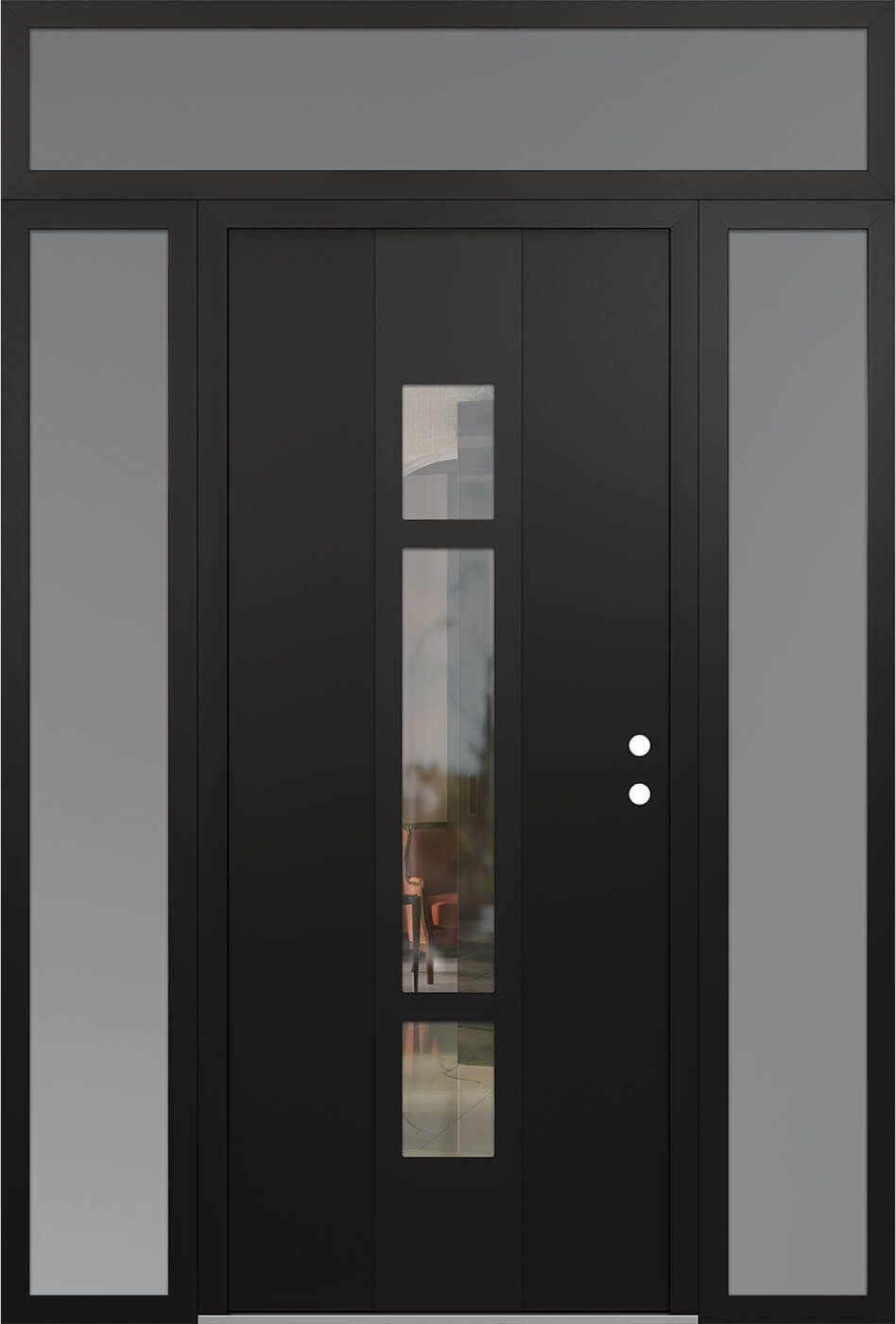 Modern Steel Front Door DIAMOND A9 68" X 96" BLACK/BLACK CLEAR GLASS PANEL BLACK LHI WITH 2 SIDELITES AND TRANSOM FROSTED GLASS