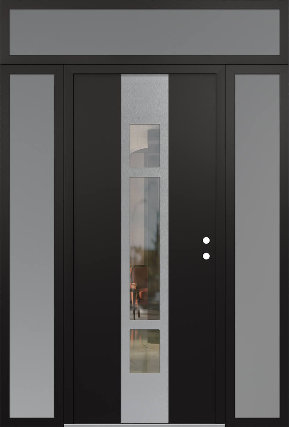 Modern Steel Front Door DIAMOND A9 68" X 96" BLACK/BLACK CLEAR GLASS PANEL STAINLESS STEEL LHI WITH 2 SIDELITES AND TRANSOM FROSTED GLASS
