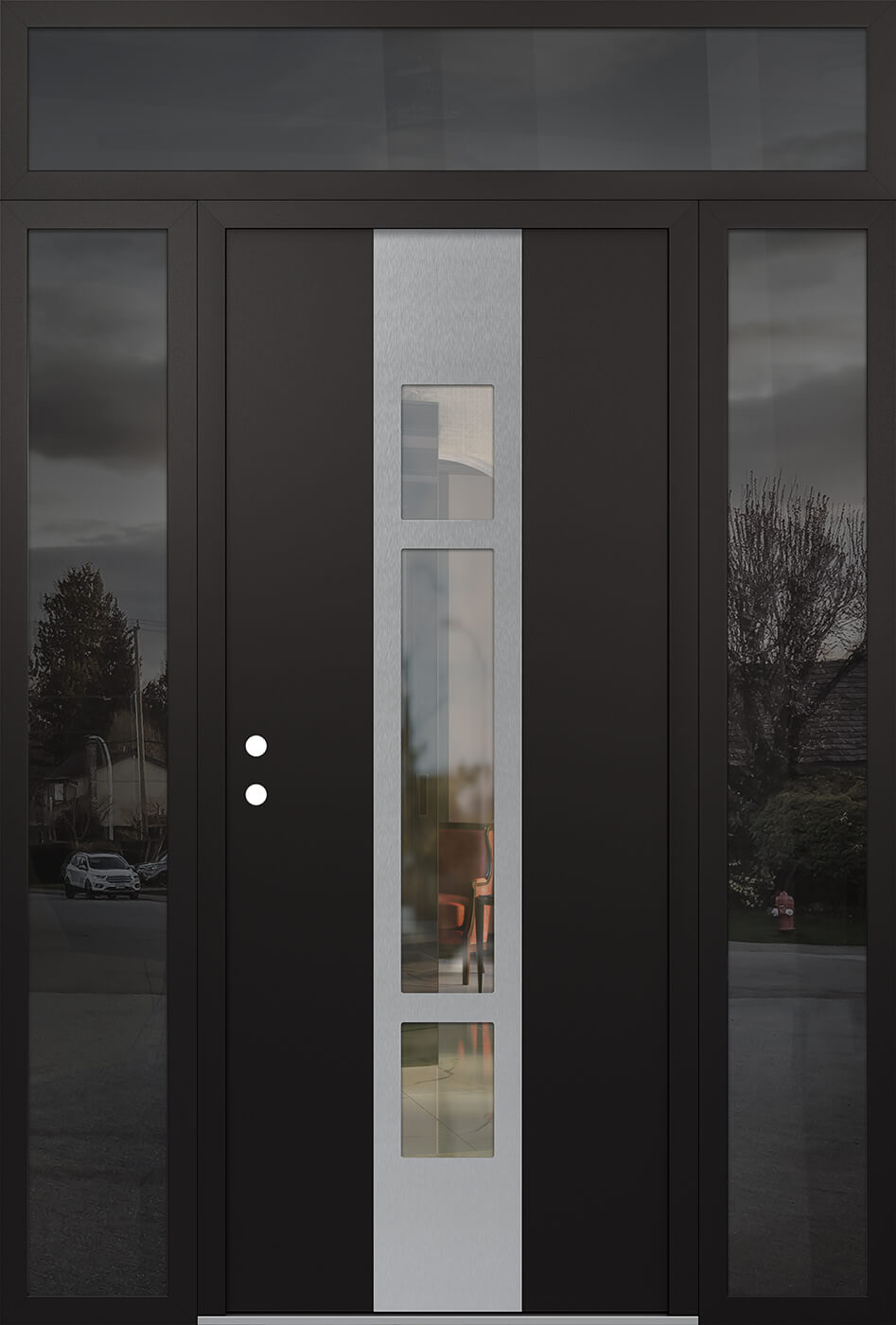 Modern Steel Front Door DIAMOND A9 68" X 96" BLACK/BLACK CLEAR GLASS PANEL STAINLESS STEEL RHI WITH 2 SIDELITES AND TRANSOM MIRRORED GLASS