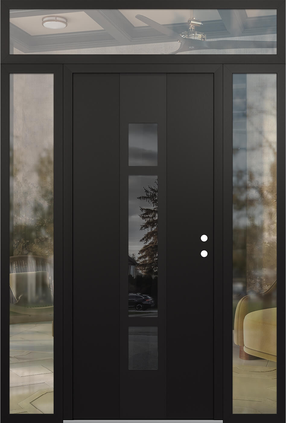 Modern Steel Front Door DIAMOND A9 68" X 96" BLACK/BLACK MIRRORED GLASS PANEL BLACK LHI WITH 2 SIDELITES AND TRANSOM CLEAR GLASS