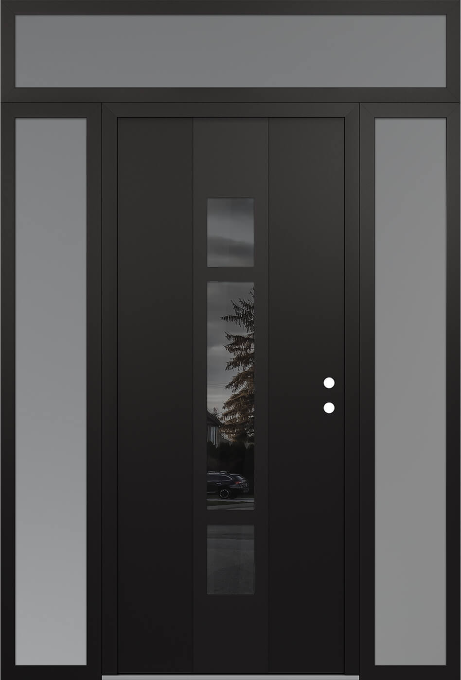 Modern Steel Front Door DIAMOND A9 68" X 96" BLACK/BLACK MIRRORED GLASS PANEL BLACK LHI WITH 2 SIDELITES AND TRANSOM FROSTED GLASS