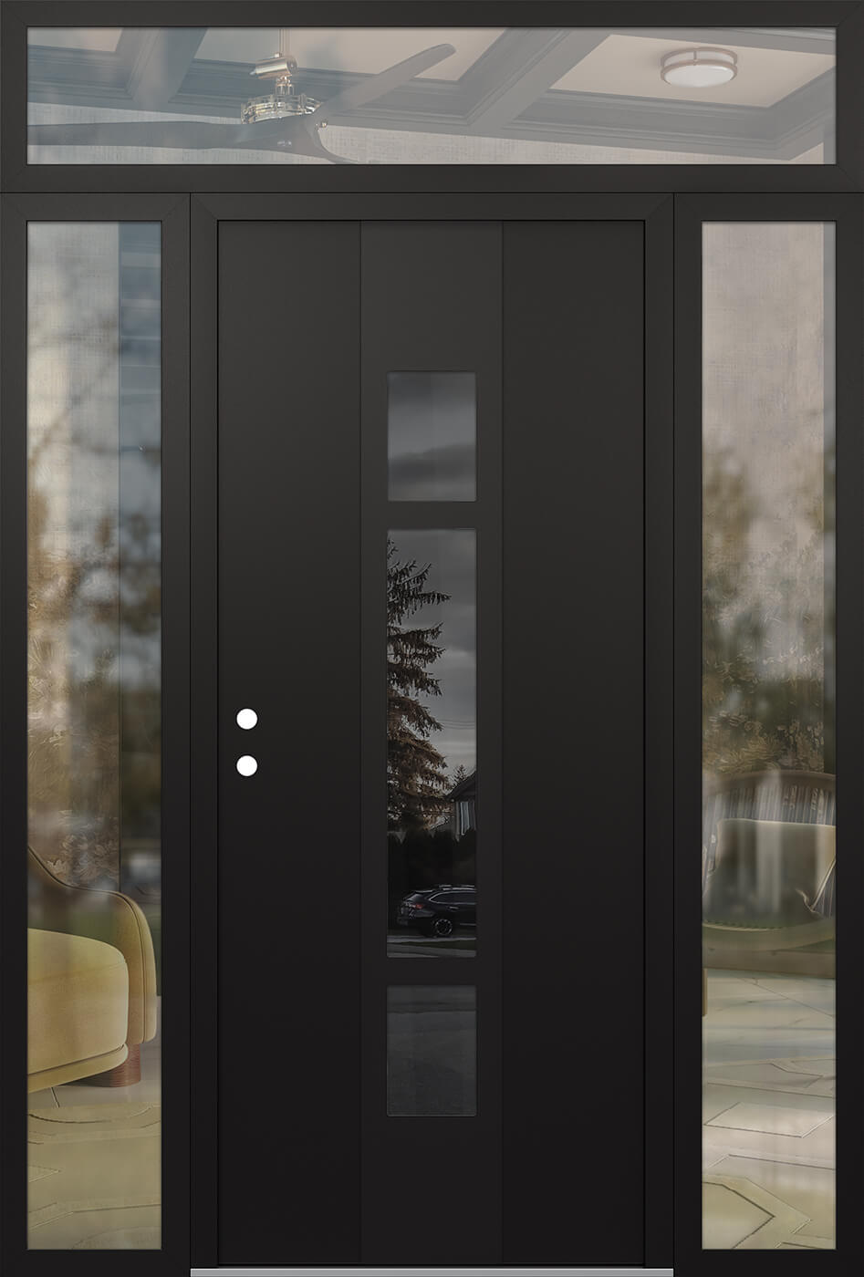 Modern Steel Front Door DIAMOND A9 68" X 96" BLACK/BLACK MIRRORED GLASS PANEL BLACK RHI WITH 2 SIDELITES AND TRANSOM CLEAR GLASS