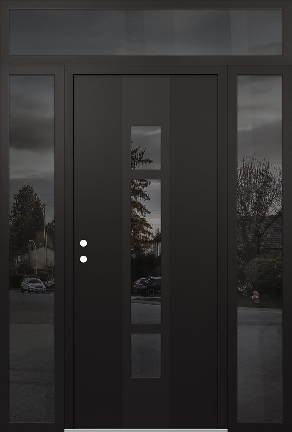 Modern Steel Front Door DIAMOND A9 68" X 96" BLACK/BLACK MIRRORED GLASS PANEL BLACK RHI WITH 2 SIDELITES AND TRANSOM MIRRORED GLASS