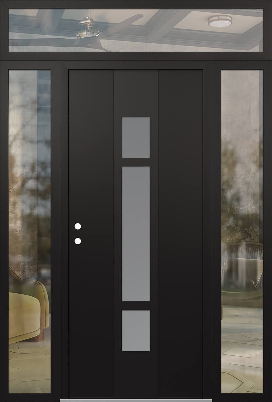 Modern Steel Front Door DIAMOND A9 68" X 96" BLACK/WHITE FROSTED GLASS PANEL BLACK RHI WITH 2 SIDELITES AND TRANSOM CLEAR GLASS