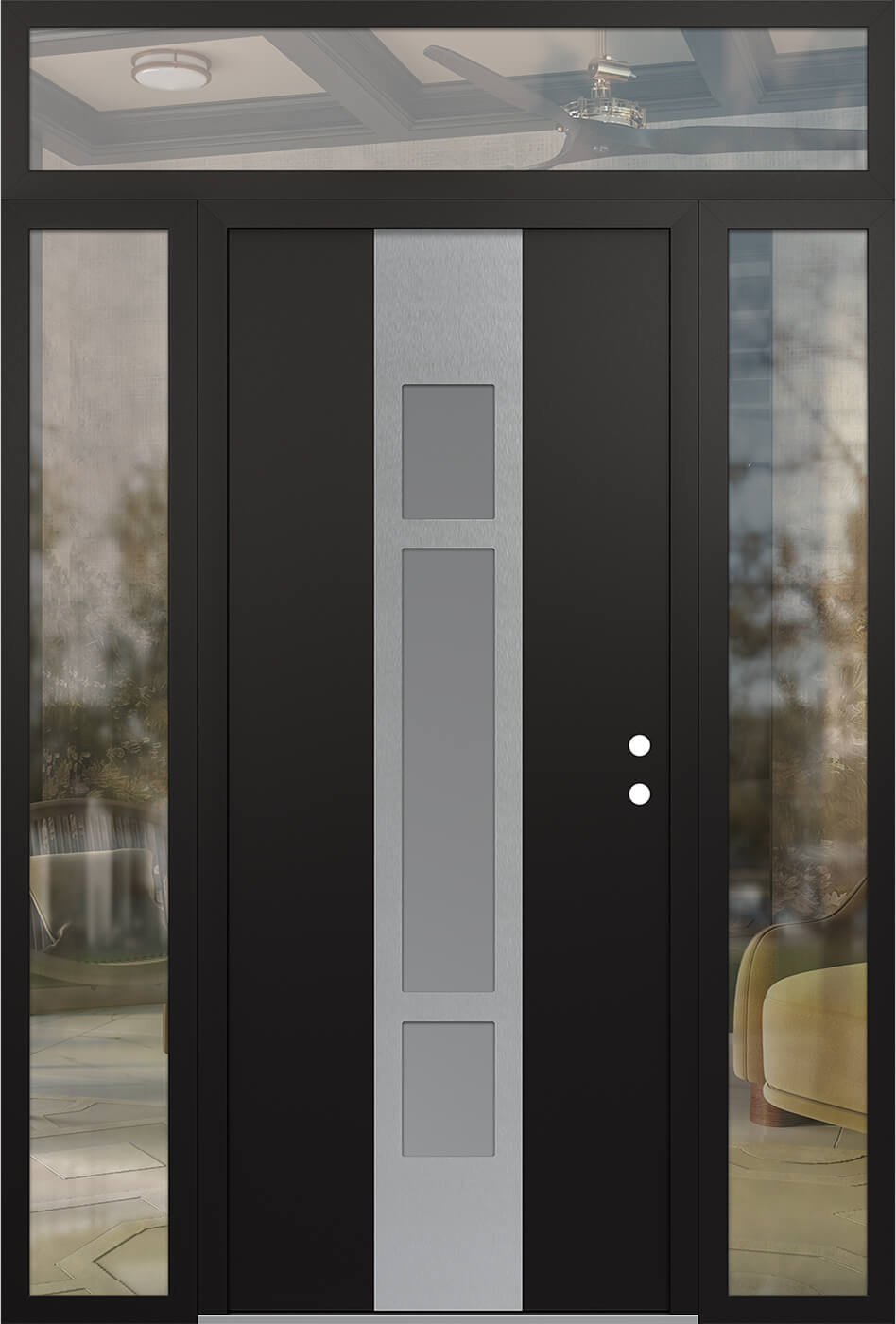 Modern Steel Front Door DIAMOND A9 68" X 96" BLACK/WHITE FROSTED GLASS PANEL STAINLESS STEEL LHI WITH 2 SIDELITES AND TRANSOM CLEAR GLASS