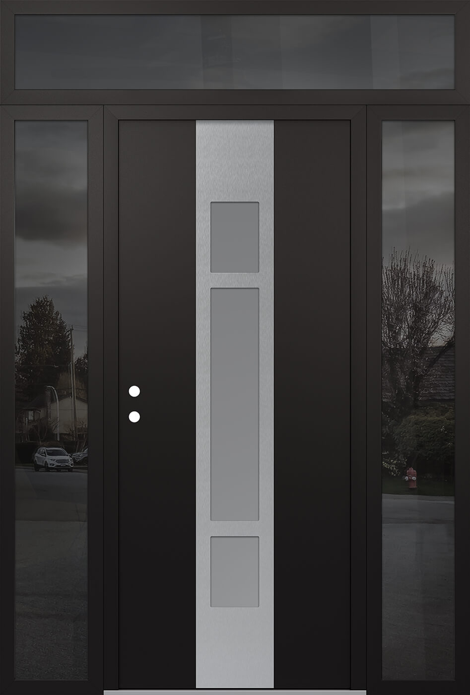Modern Steel Front Door DIAMOND A9 68" X 96" BLACK/WHITE FROSTED GLASS PANEL STAINLESS STEEL RHI WITH 2 SIDELITES AND TRANSOM MIRRORED GLASS