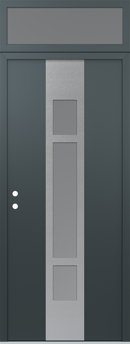 Modern Steel Front Door DIAMOND A9 36" X 96" ANTHRACITE/ANTHRACITE FROSTED GLASS PANEL STAINLESS STEEL RHI WITH TRANSOM FROSTED GLASS