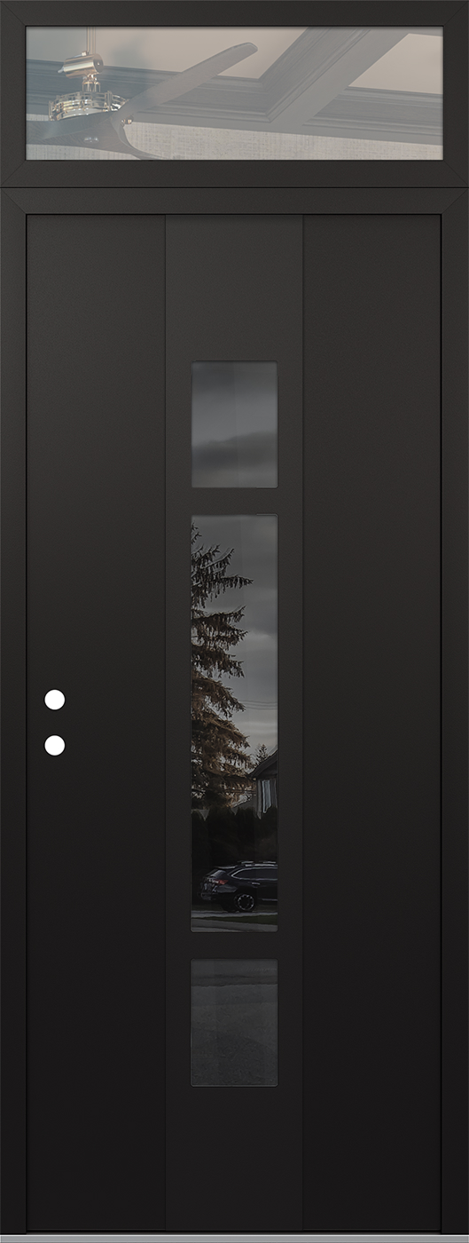 MODERN STEEL FRONT DOOR DIAMOND A9 36" X 96" BLACK/BLACK MIRRORED GLASS PANEL BLACK RHI WITH TRANSOM CLEAR GLASS