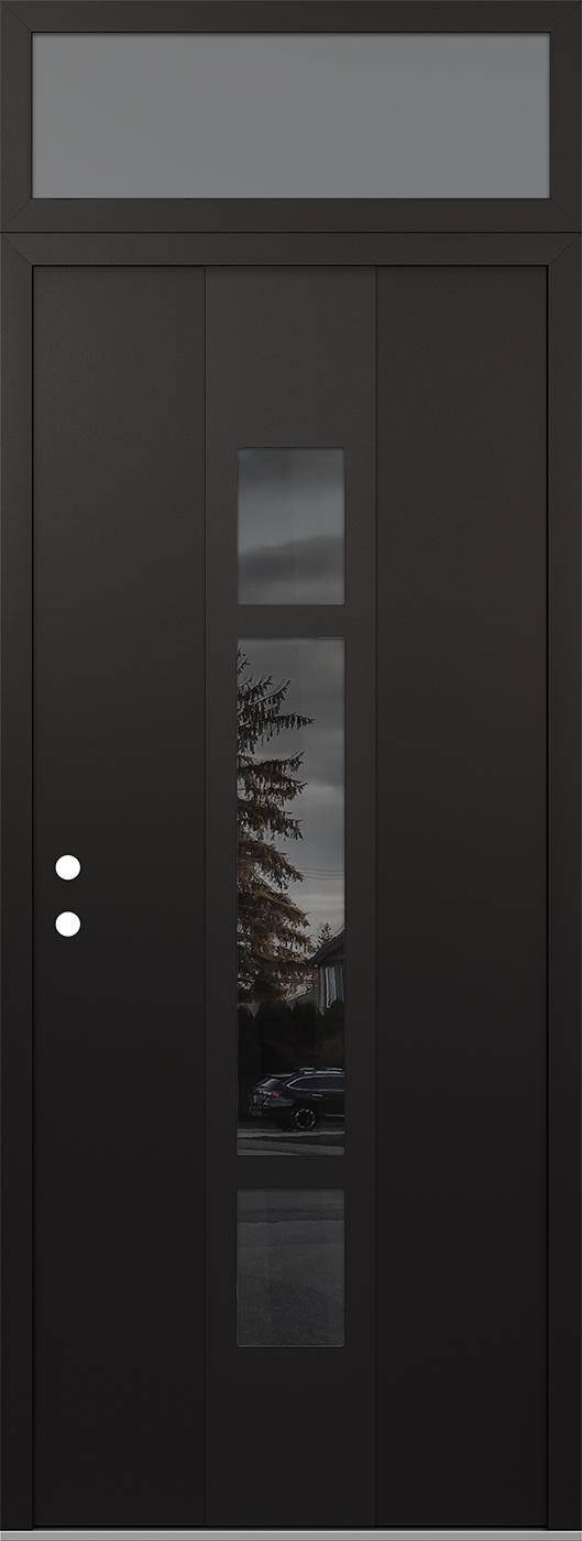 MODERN STEEL FRONT DOOR DIAMOND A9 36" X 96" BLACK/BLACK MIRRORED GLASS PANEL BLACK RHI WITH TRANSOM FROSTED GLASS