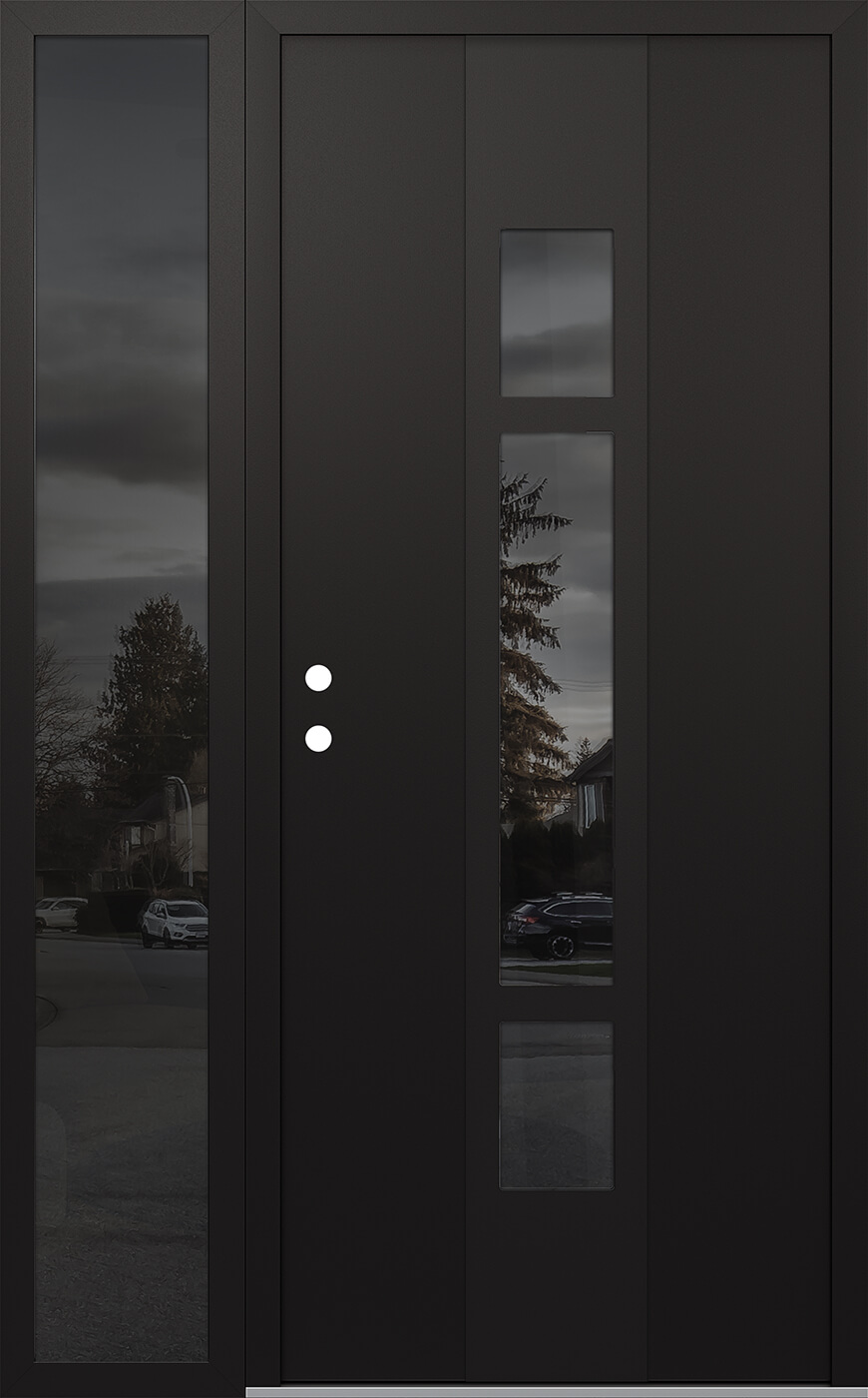 MODERN STEEL FRONT DOOR DIAMOND A9 48" X 80" BLACK/BLACK MIRRORED GLASS PANEL BLACK RHI WITH SIDELITE FROSTED GLASS
