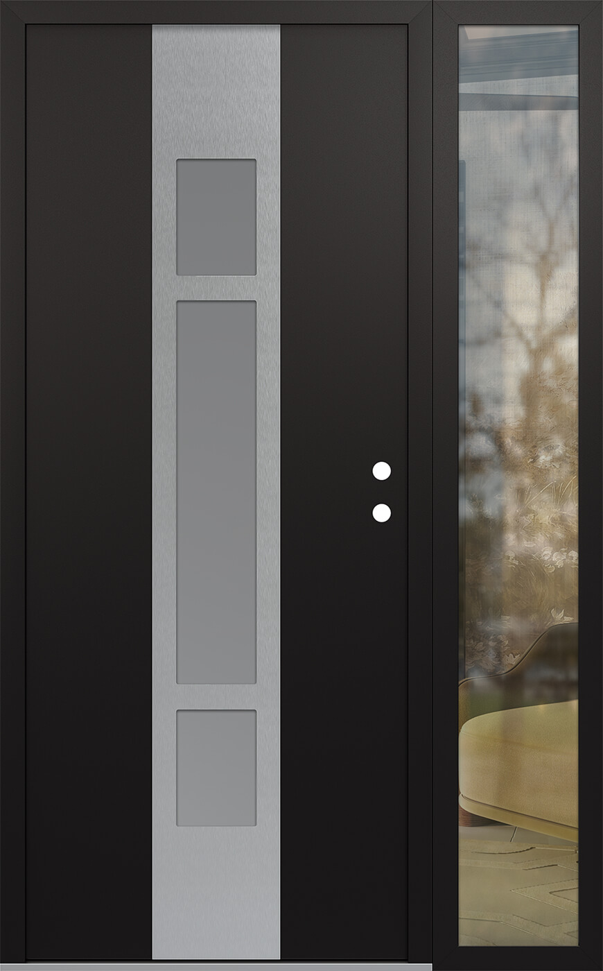 MODERN STEEL FRONT DOOR DIAMOND A9 48" X 80" BLACK/WHITE FROSTED GLASS PANEL STAINLESS STEEL LHI WITH SIDELITE FROSTED GLASS