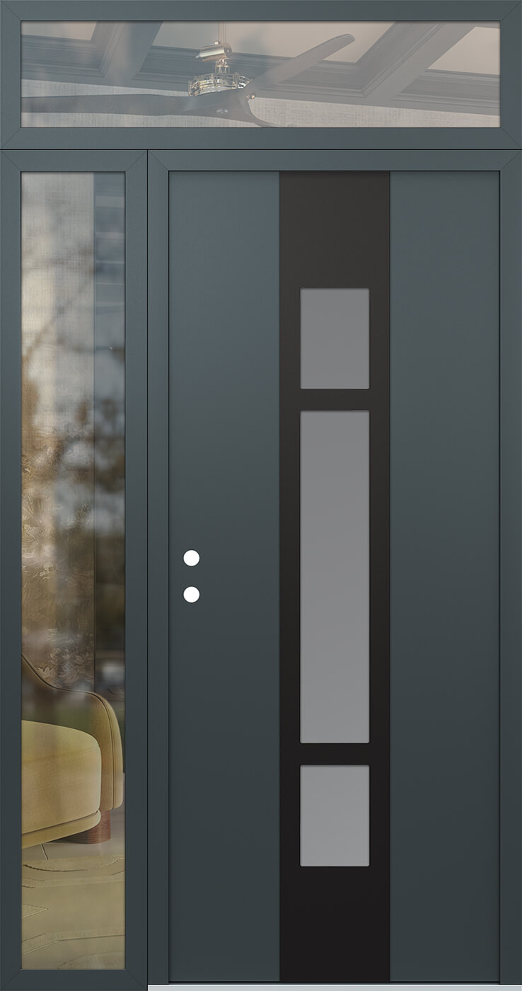 Modern Steel Front Door DIAMOND A9 48" X 96" ANTHRACITE/ANTHRACITE FROSTED GLASS PANEL BLACK RHI WITH SIDELITE AND TRANSOM MIRRORED GLASS