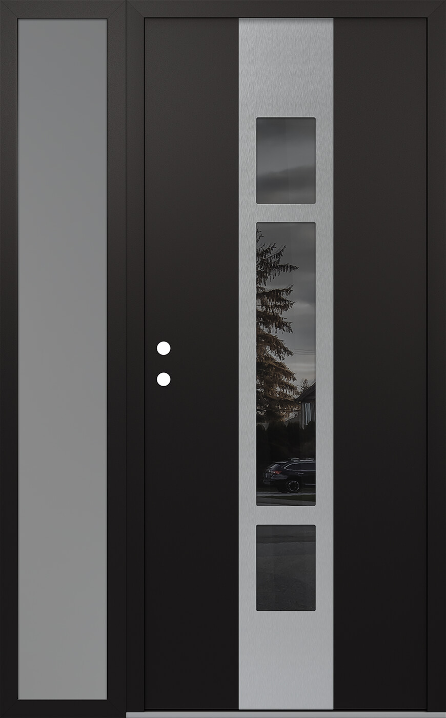 MODERN STEEL FRONT DOOR DIAMOND A9 50" X 80" BLACK/BLACK MIRRORED GLASS PANEL STAINLESS STEEL RHI WITH SIDELITE CLEAR GLASS