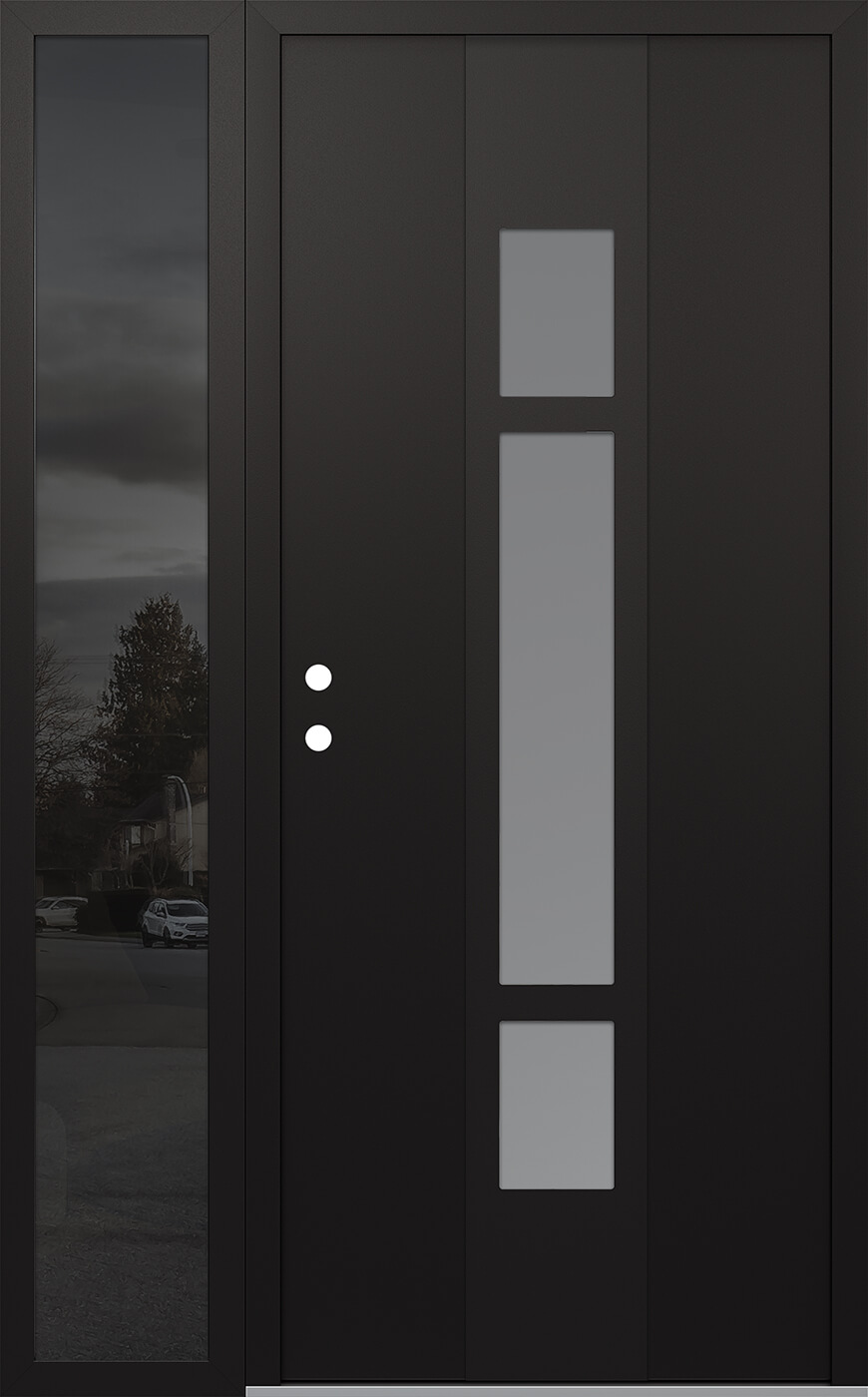 MODERN STEEL FRONT DOOR DIAMOND A9 50" X 80" BLACK/WHITE FROSTED GLASS PANEL BLACK RHI WITH SIDELITE MIRRORED GLASS