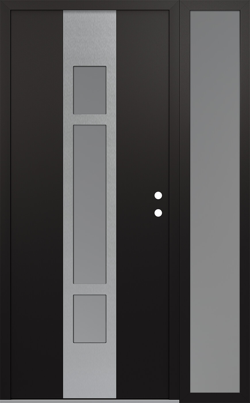 MODERN STEEL FRONT DOOR DIAMOND A9 50" X 80" BLACK/WHITE FROSTED GLASS PANEL STAINLESS STEEL LHI WITH SIDELITE CLEAR GLASS