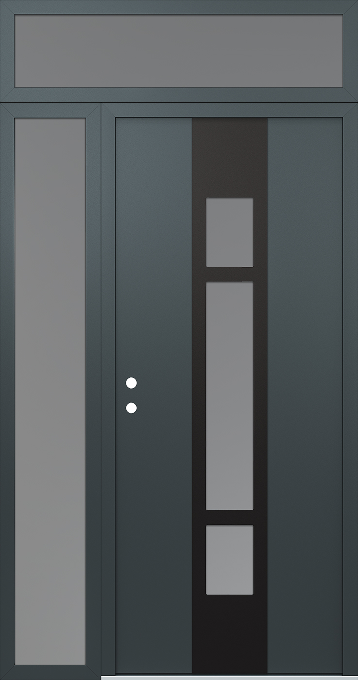 Modern Steel Front Door DIAMOND A9 50" X 96" ANTHRACITE/ANTHRACITE FROSTED GLASS PANEL BLACK RHI WITH SIDELITE AND TRANSOM MIRRORED GLASS