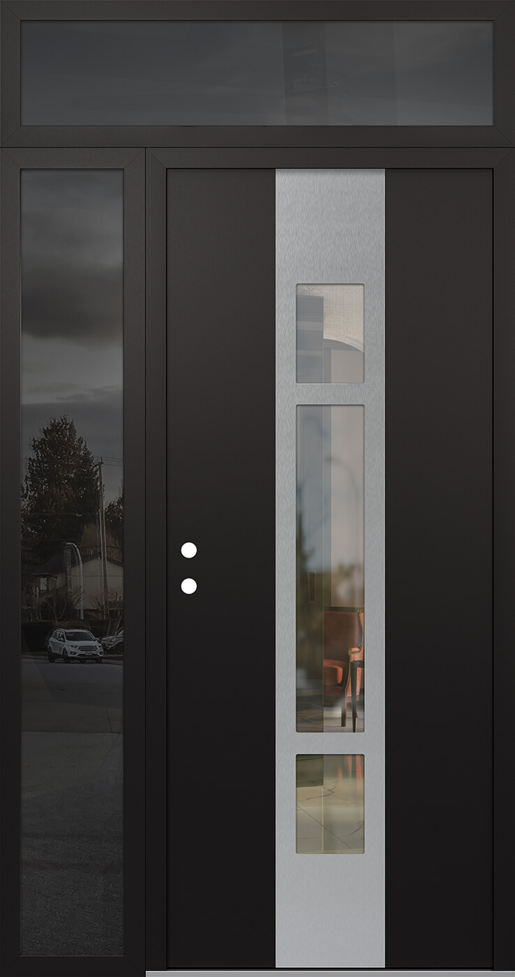 MODERN STEEL FRONT DOOR DIAMOND A9 50" X 96" BLACK/BLACK CLEAR GLASS PANEL STAINLESS STEEL RHI WITH SIDELITE AND TRANSOM FROSTED GLASS