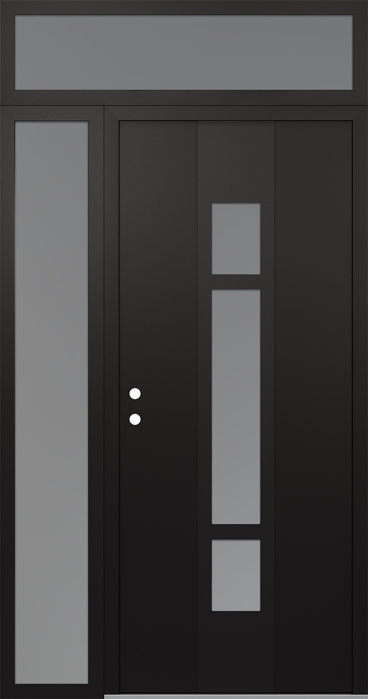 MODERN STEEL FRONT DOOR DIAMOND A9 50" X 96" BLACK/WHITE FROSTED GLASS PANEL BLACK RHI WITH SIDELITE AND TRANSOM FROSTED GLASS