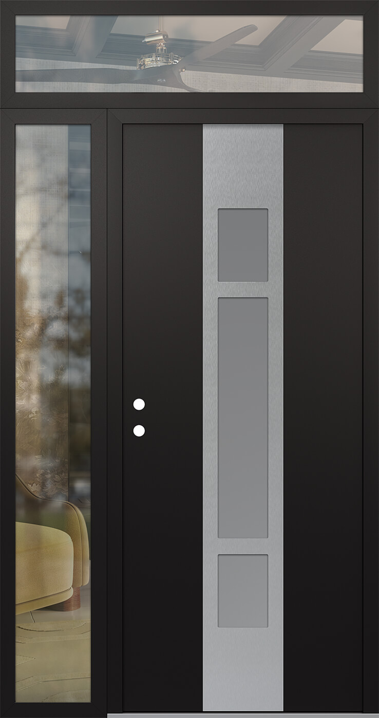 MODERN STEEL FRONT DOOR DIAMOND A9 50" X 96" BLACK/WHITE FROSTED GLASS PANEL STAINLESS STEEL RHI WITH SIDELITE AND TRANSOM FROSTED GLASS