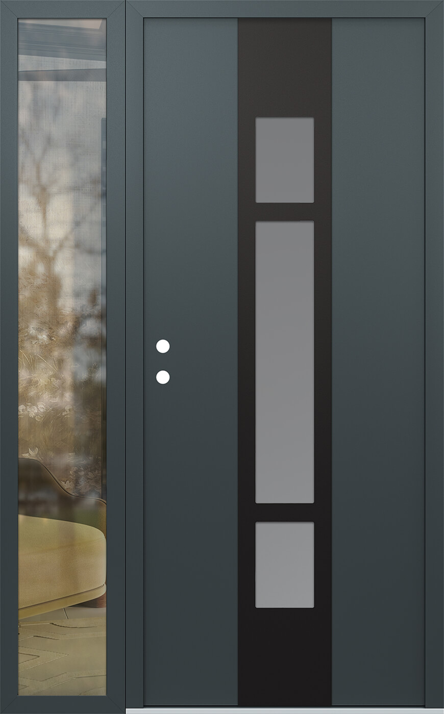 Modern Steel Front Door DIAMOND A9 52" X 80" ANTHRACITE/ANTHRACITE FROSTED GLASS PANEL BLACK RHI WITH SIDELITE MIRRORED GLASS